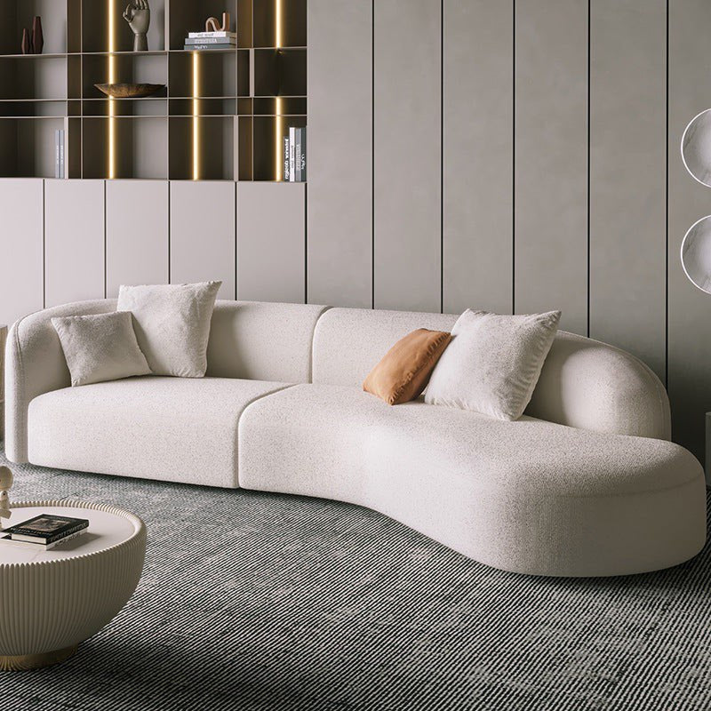 Colțar canapea bouclé Ventura cu design curbat, tapițerie bouclé premium, culoare crem, ideal pentru living modern și elegant