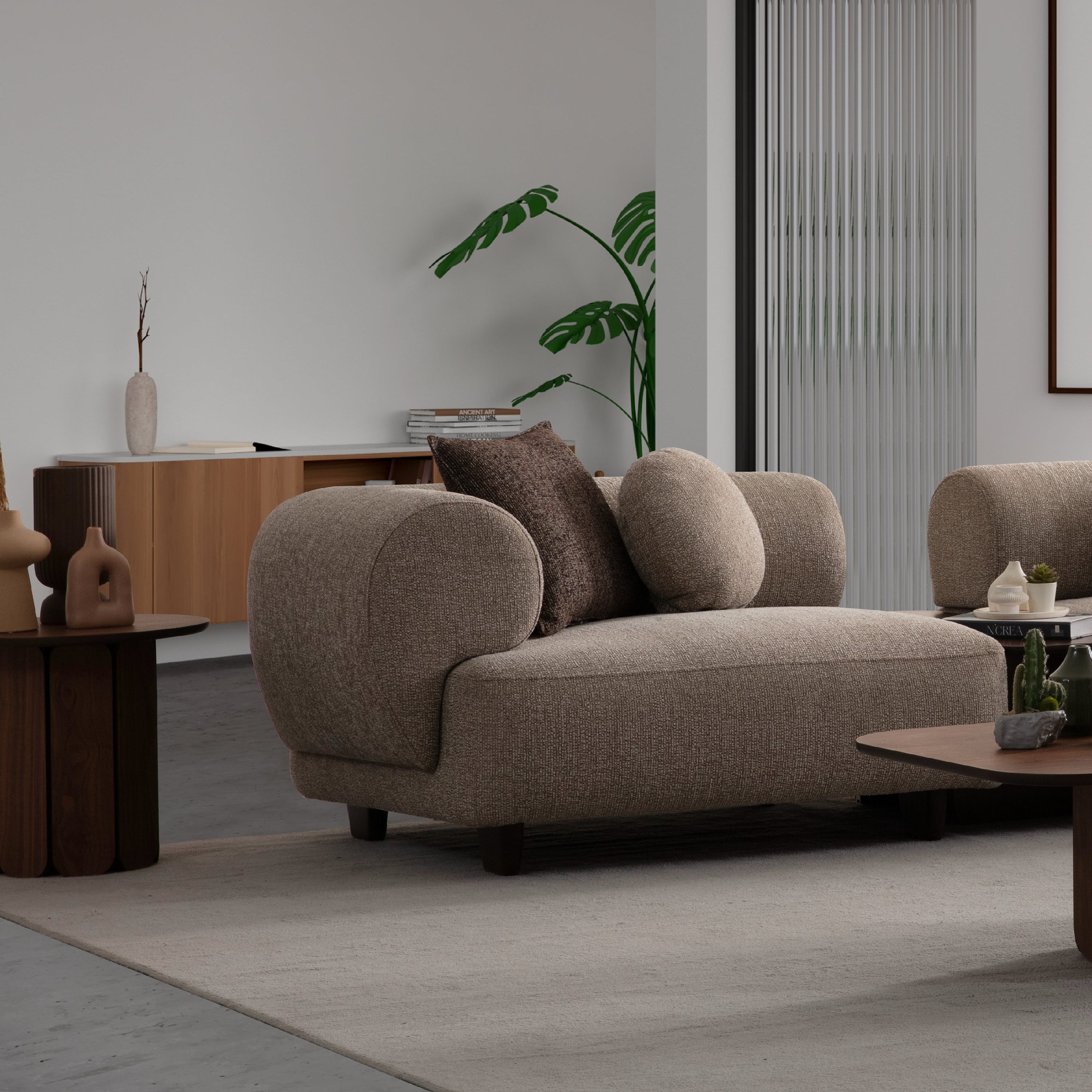 edere laterală canapea Aura, design fluid și finisaje premium în nuanțe naturale