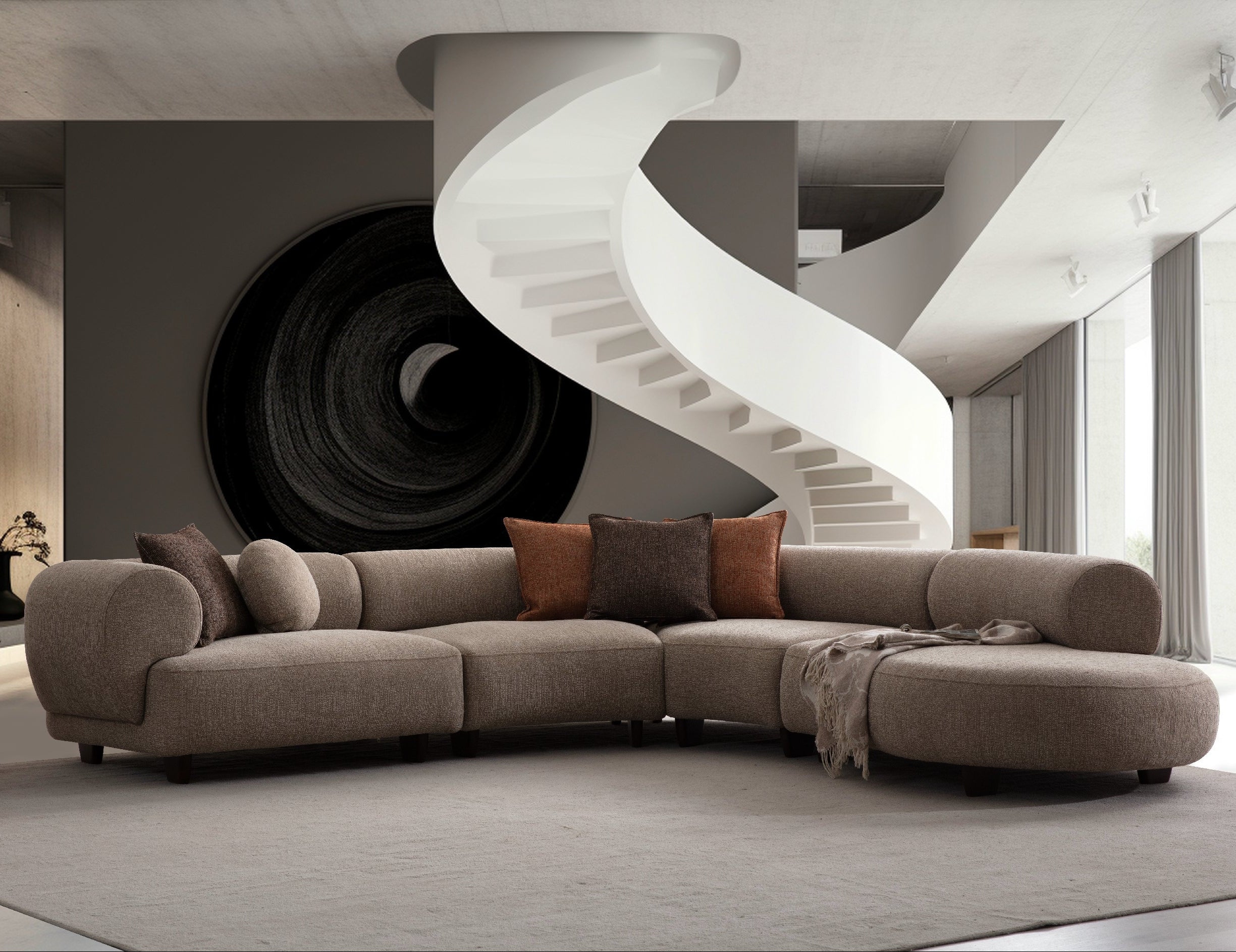 Canapea modulară Aura cu design curbat, tapițerie bej și perne decorative, ideală pentru living modern.