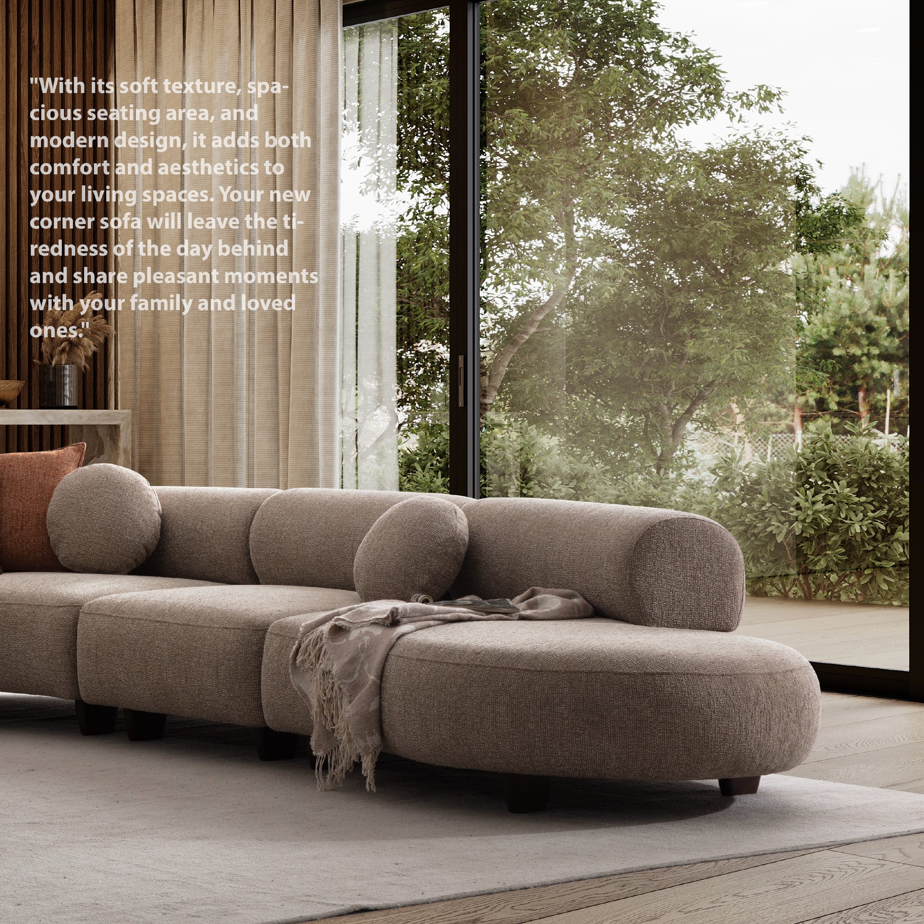 Canapea de living Aura cu formă curbată și perne decorative, integrată într-un decor minimalist