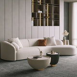 Colțar canapea bouclé Ventura cu design curbat, tapițerie bouclé premium, culoare crem, ideal pentru living modern și elegant