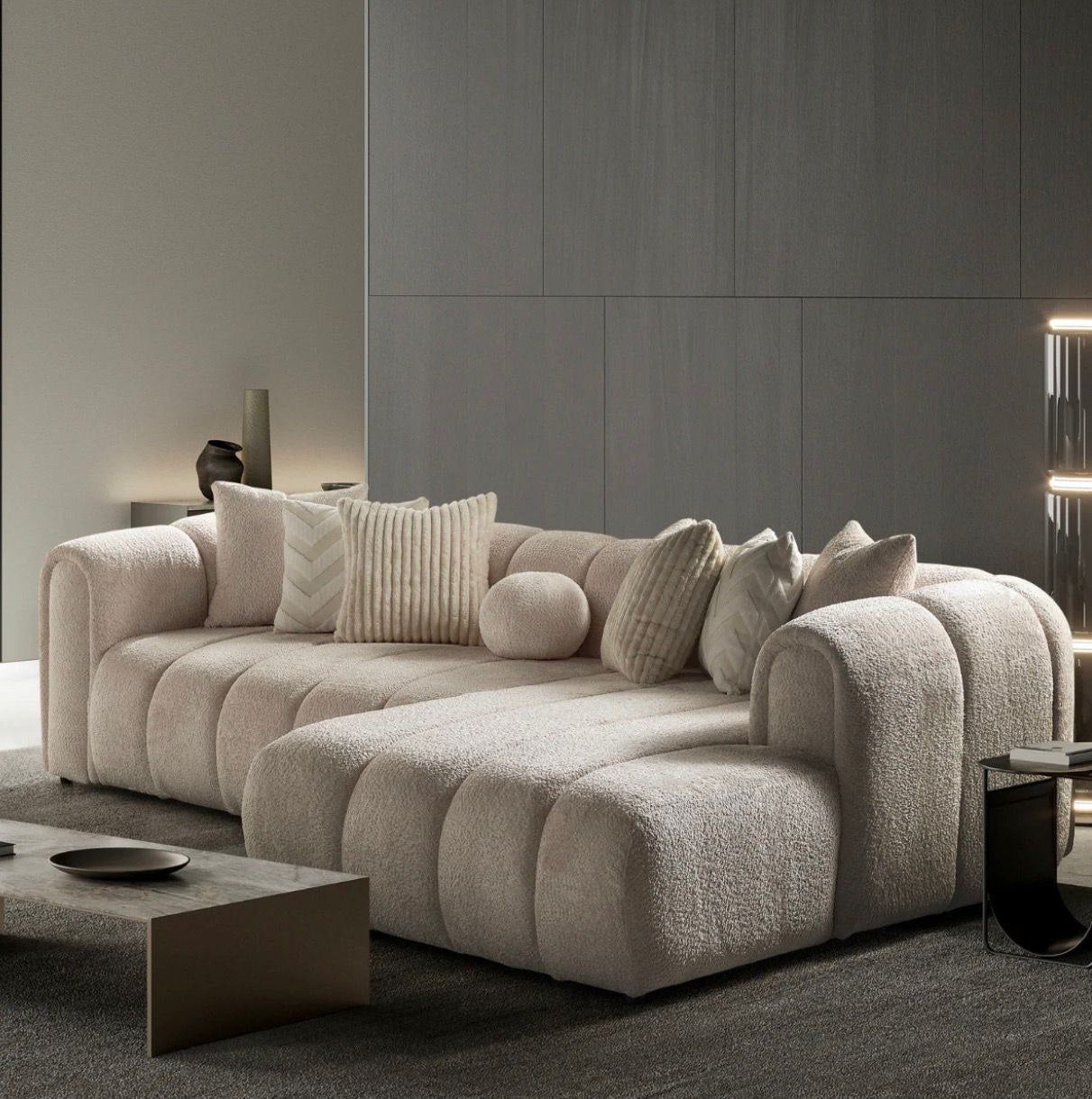 Colțar living modern cu tapițerie bouclé