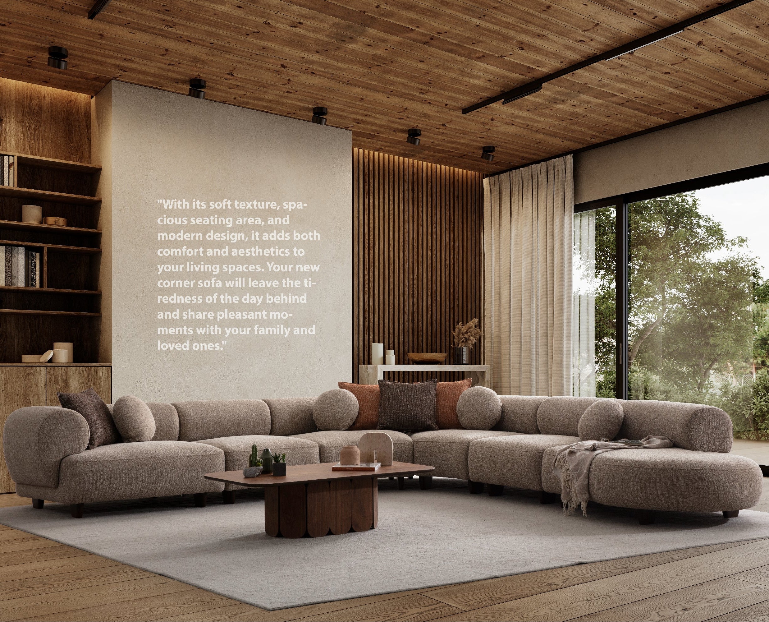 Vedere laterală canapea Aura, design fluid și finisaje premium în nuanțe naturale.